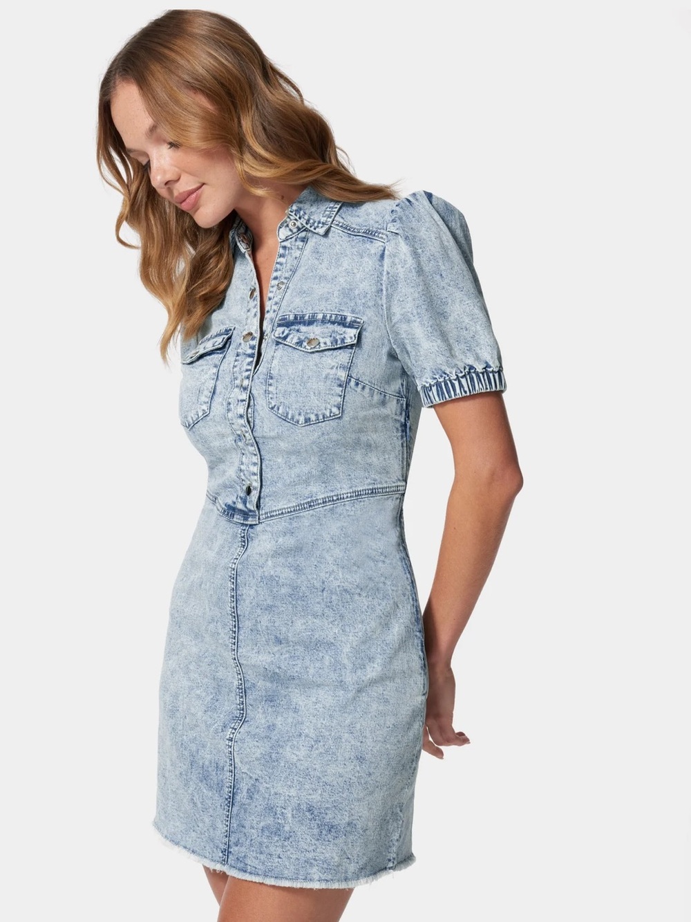 BEBE Denim Button Down Puff Sleeve Dress